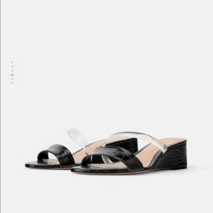 Zara Black Animal Embossed Wedges With Vinyl 37